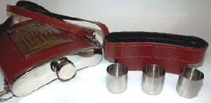 Leatherette Hip Flask With In-Built 3 Shot Glasses