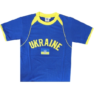 Ukrainian Stretchy T-Shirt "UKRAINE WITH FLAG". Blue